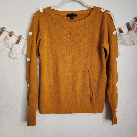 Ann Taylor Wool Blend Mustard Yellow Button Long Sleeve Sweater Top S - Picture 1 of 8